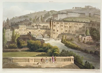 Pulteney Bridge, från "Bath Illustrated by a Series of Views", graverad av John Hill (1770-1850) pub. av William Miller, 1805 (akvatint)